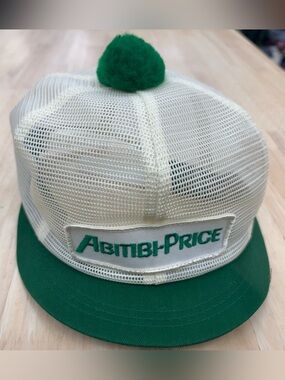 Vintage 80’s Abitibi-Price White Mesh Snapback Hat with Green Pom and Brim OS